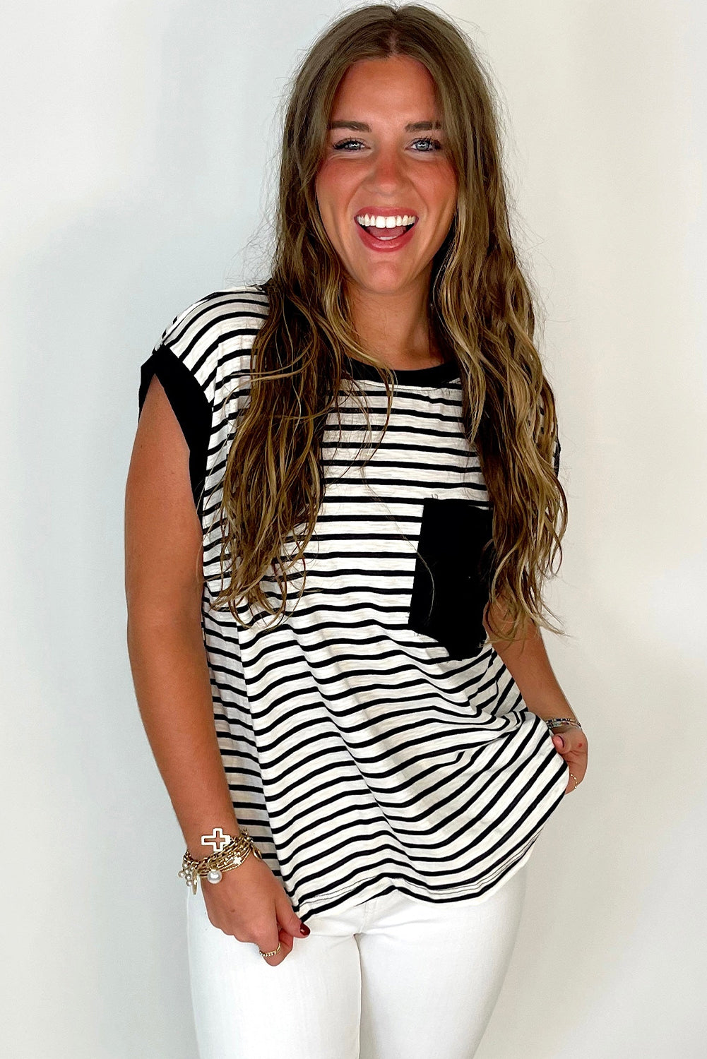Black Stripe Chest Pocket Patch Round Neck Sleeveless Tee - Cute Clothes for Spring Summer - In Style Chics Boutique Women's Juniors Apparel Online