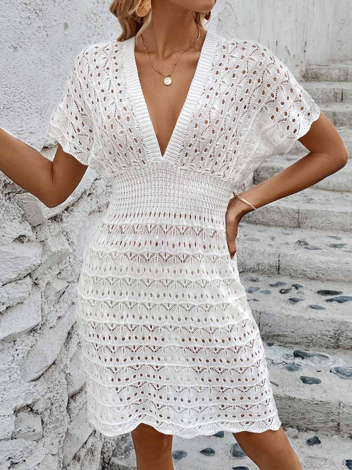 Openwork Plunge Short Sleeve Cover-Up Dress - More Colors! - In Style Chics Boutique LLC