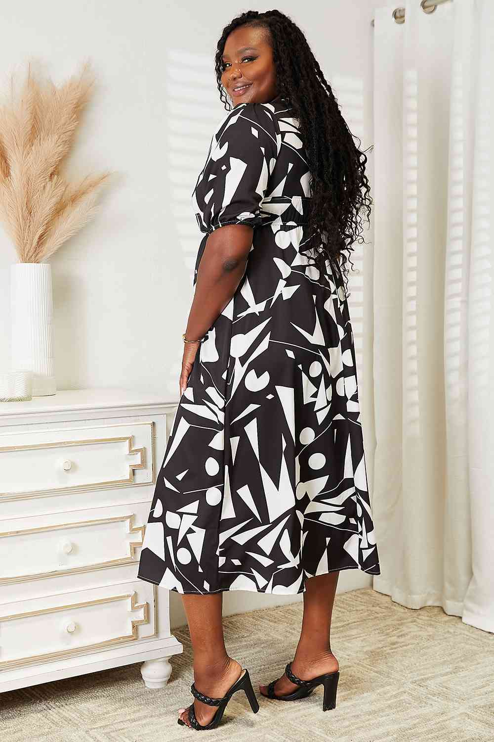 Printed Surplice Balloon Sleeve Dress - spring dresses - In Style Chics Boutique Online Clothing