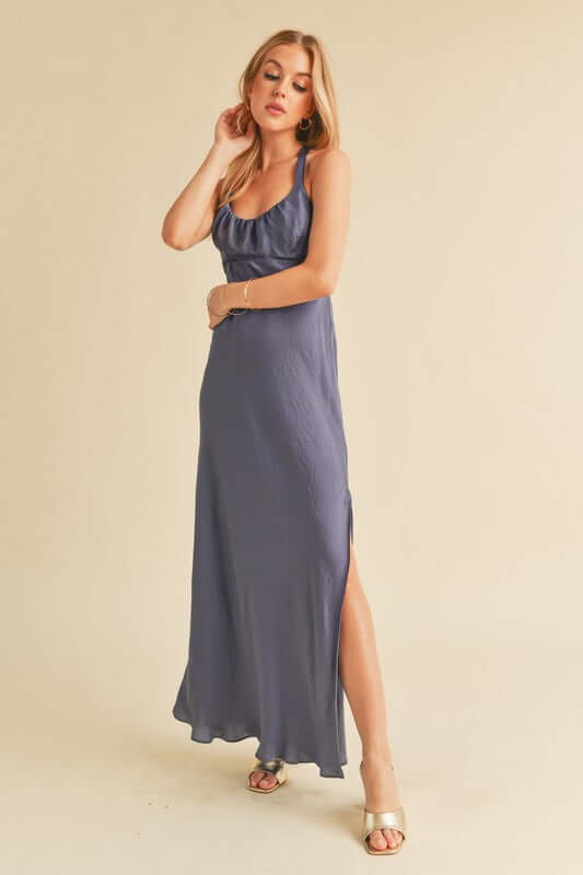 Aemi + Co Ruched Side Slit Cutout Back Maxi Cami Dress - In Style Chics Boutique Online Clothing Women's Juniors Apparel