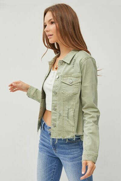 Women's Raw Hem Button Up Cropped Denim Jacket - In Style Chics Boutique
