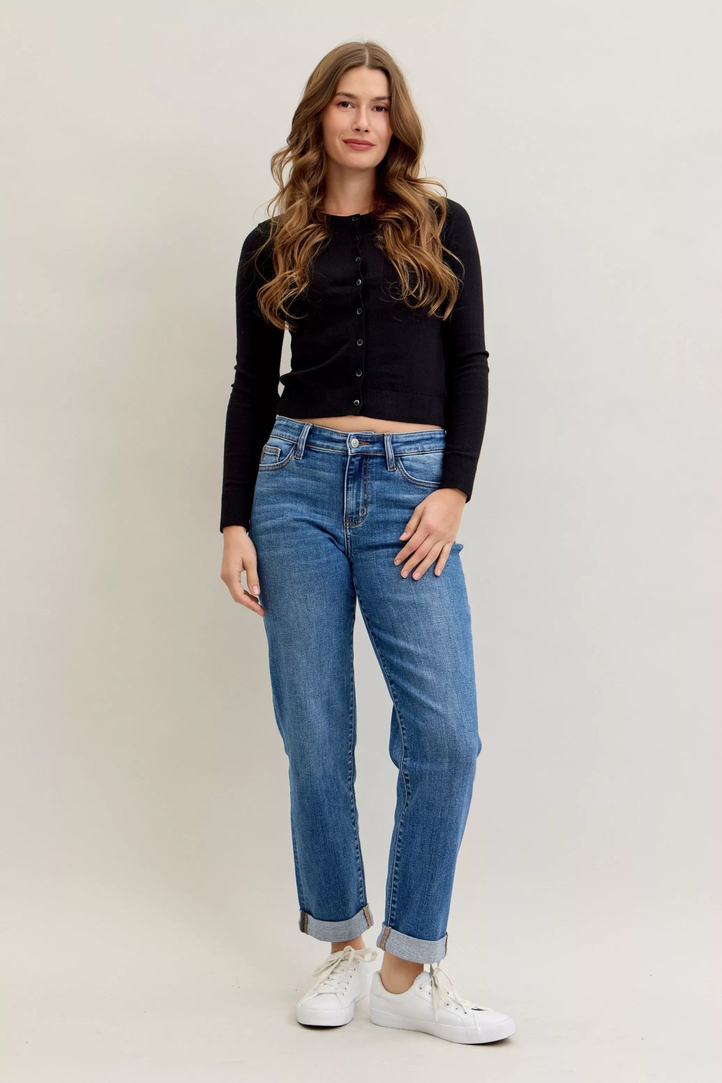 Judy Blue Mid Rise Boyfriend. Classic Cuffed Jeans at In Style Chics Boutique plus size jeans