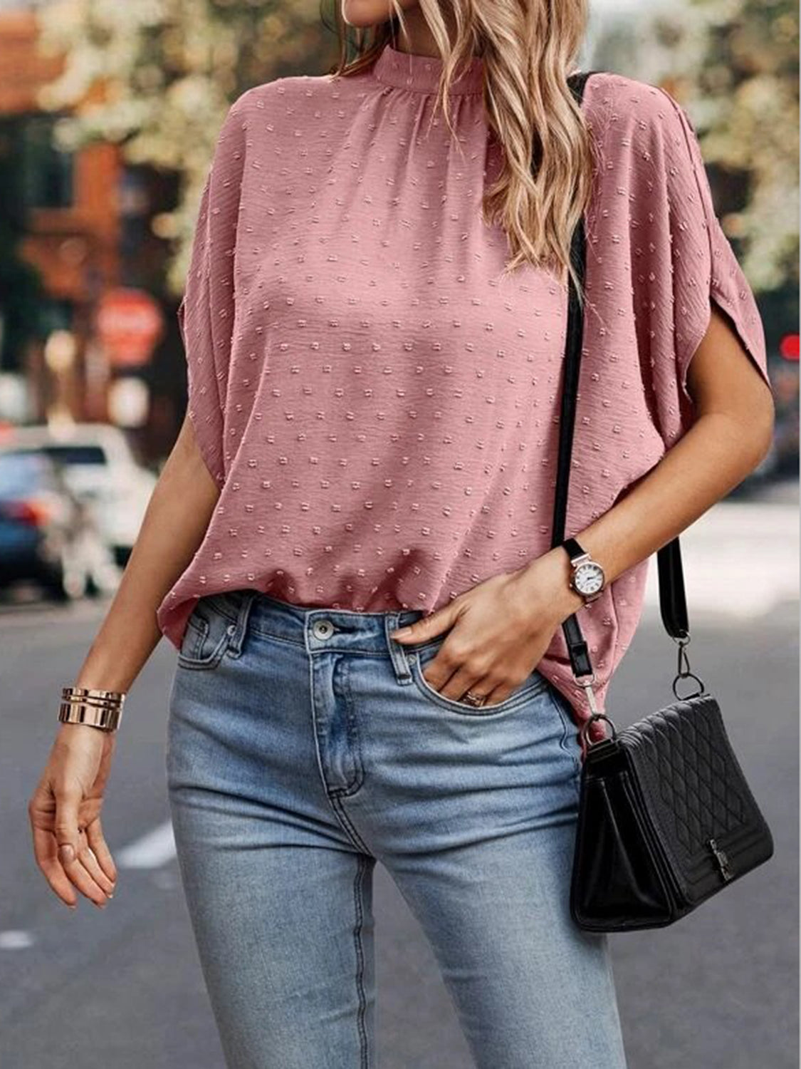 Swiss Dot Mock Neck Half Sleeve Blouse - More Colors! - In Style Chics Boutique LLC