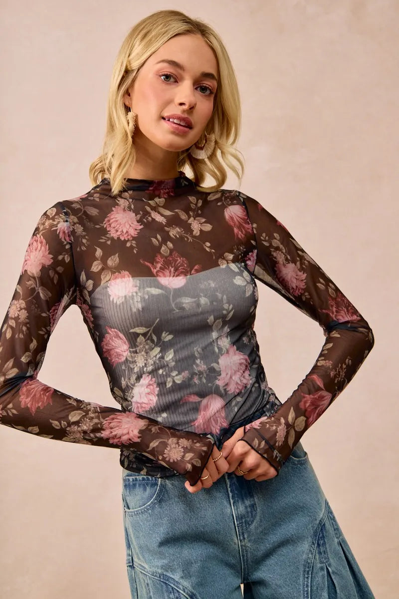 Flower Printed Mesh Lace Top with Thumb Opening at In Style Chics Boutique