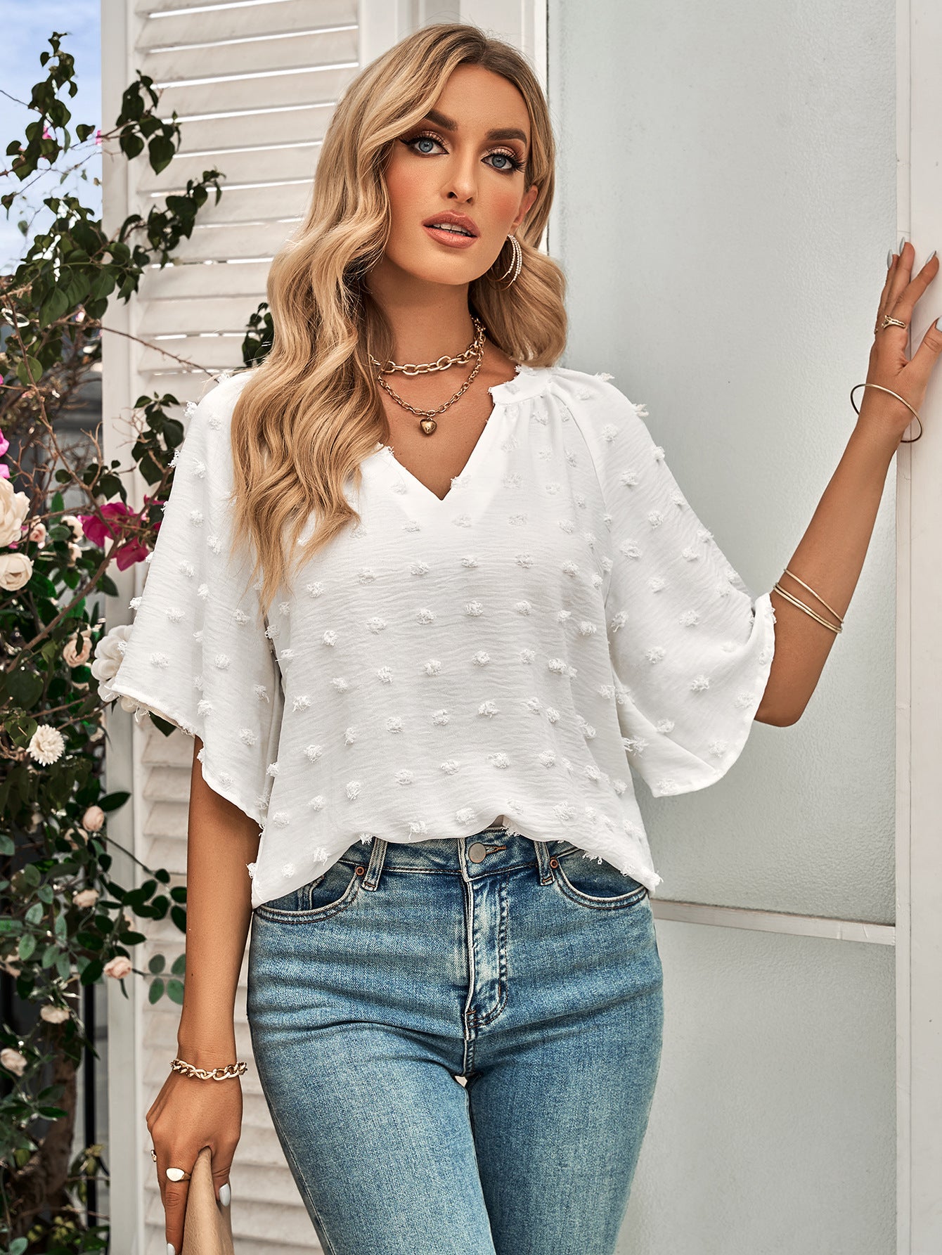 Swiss Dot Notched Neck Flare Sleeve Blouse - In Style Chics Boutique LLC