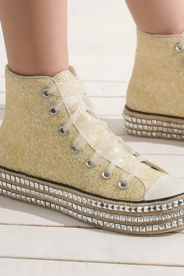 Beast Fashion Glitter Lace-Up Studded Platform Sneakers - In Style Chics Boutique LLC