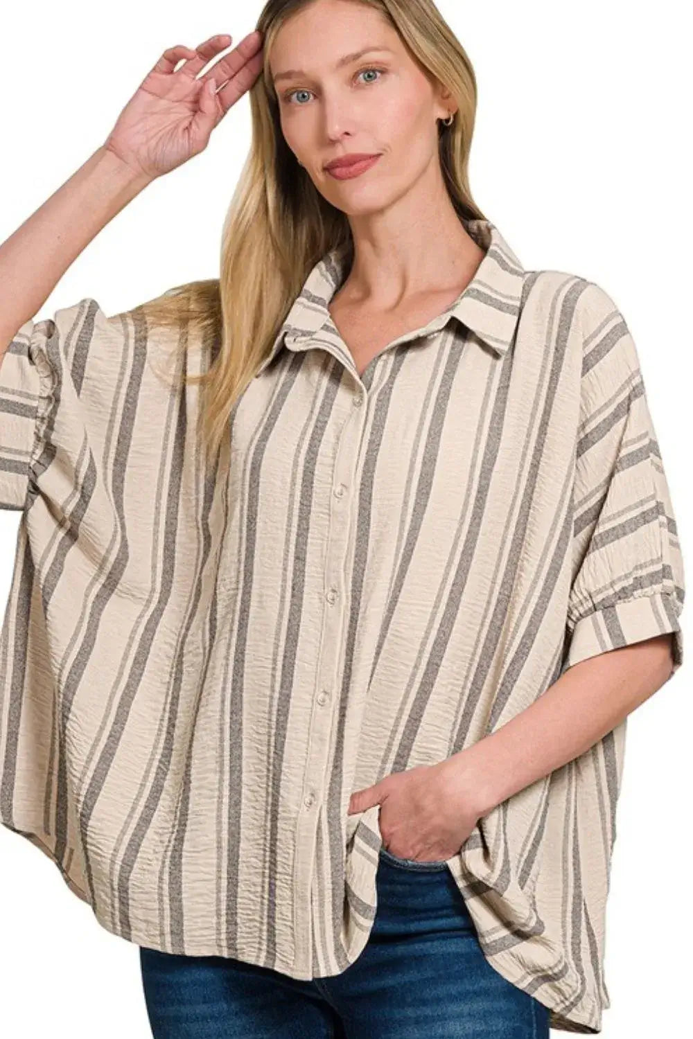 Woven Yarn-Dye Stripe Oversized Button Down Shirt