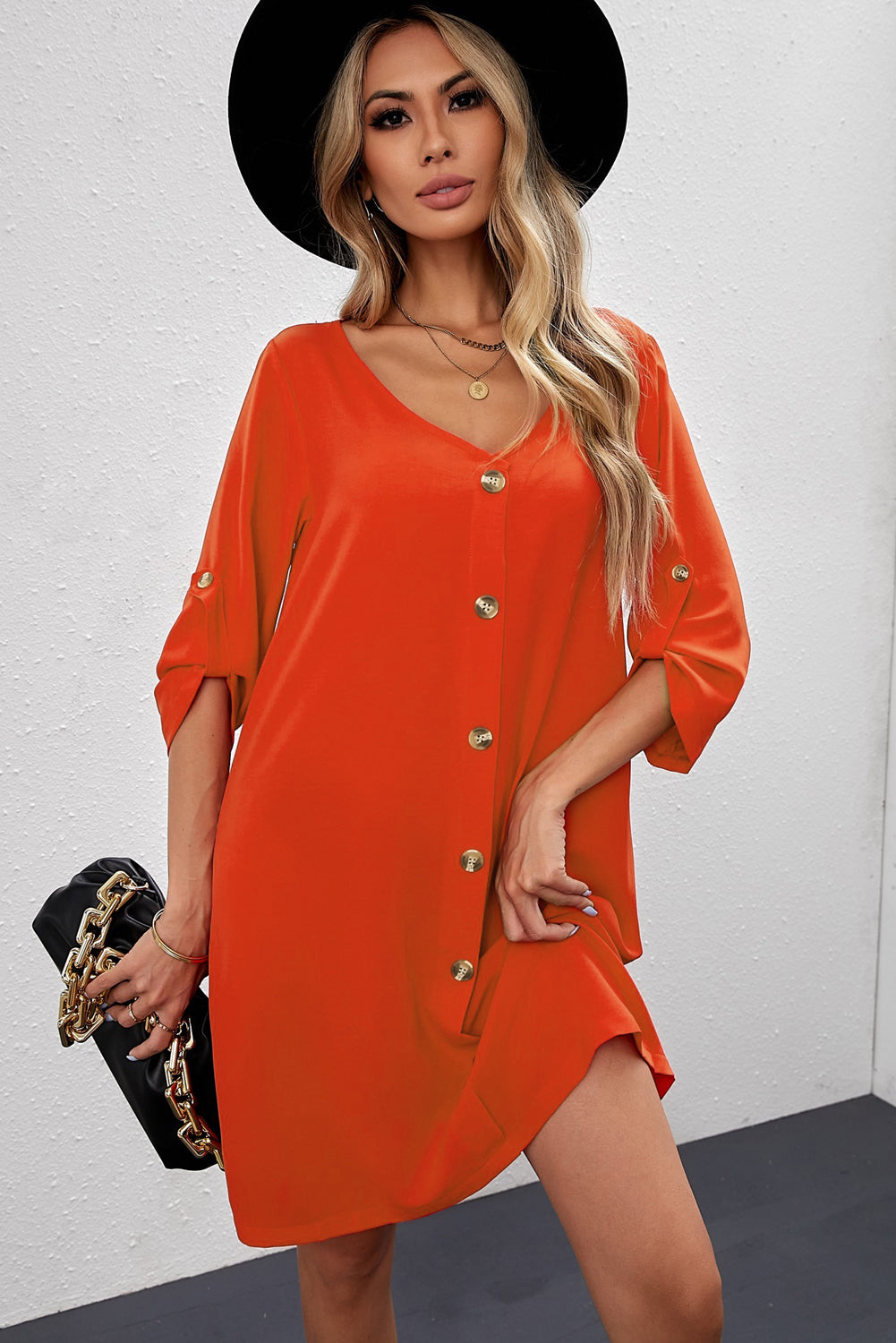 Buttoned V-Neck Dress - In Style Chics Boutique LLC