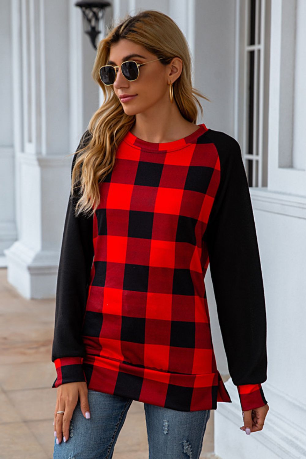 Plaid Round Neck Long Sleeve T-Shirt - In Style Chics Boutique LLC