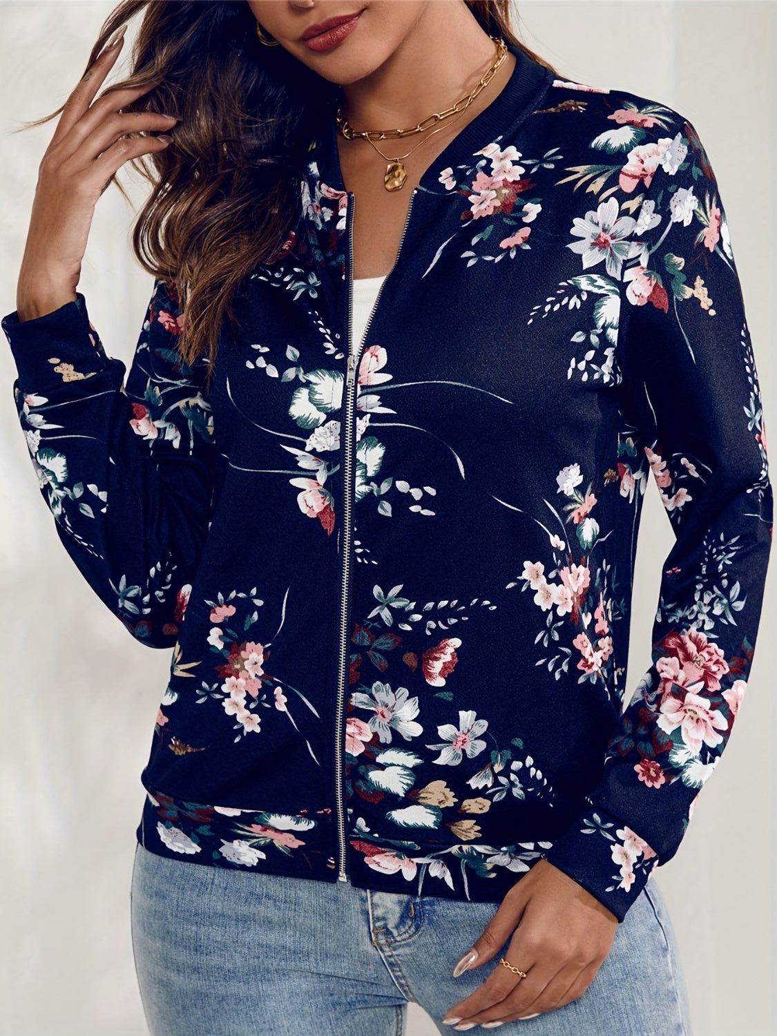 Printed Zip Up Long Sleeve Jacket - In Style Chics Boutique LLC