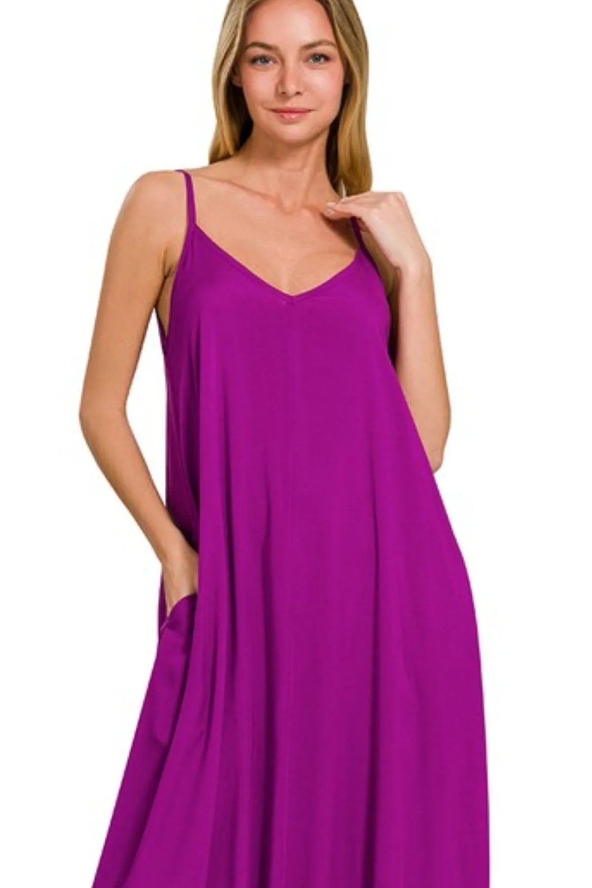 Cami Dress With Flowy Pockets, Woven Arc Hem - In Style Chics Boutique Women's Juniors Clothes Online