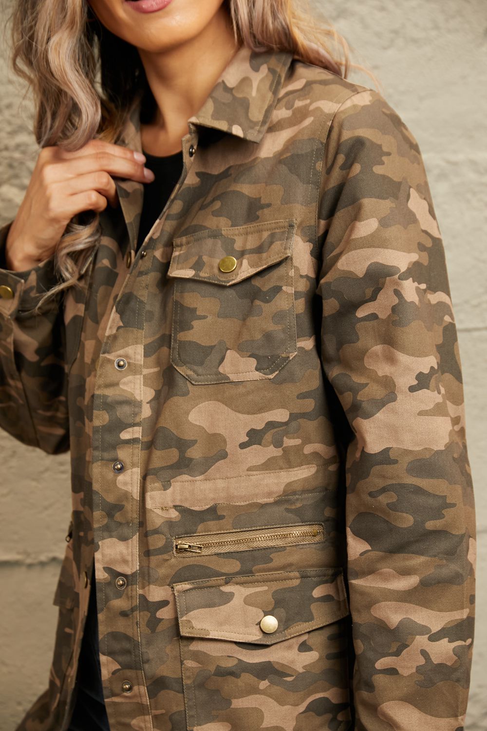 Double Take Camouflage Snap Down Jacket - In Style Chics Boutique LLC