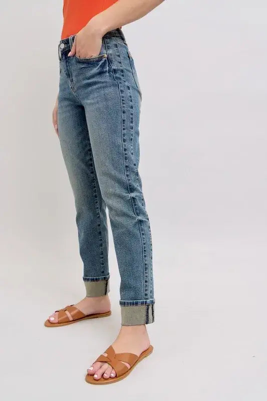 Judy Blue Mid Rise Vintage Wash Double Roll Cuff Boyfriend Jeans - In Style Chics Boutique Women's Juniors Plus Size Apparel Online