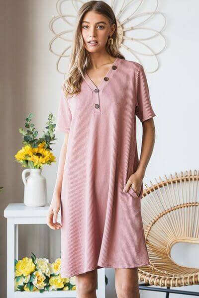 Solid Ribbed Mini Dress with Button - In Style Chics Boutique