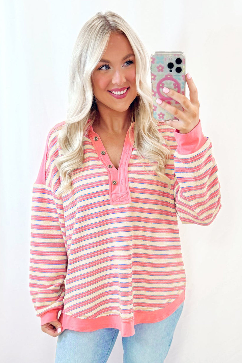 Stripe Collared V Neck Drop Shoulder Top - In Style Chics Boutique LLC