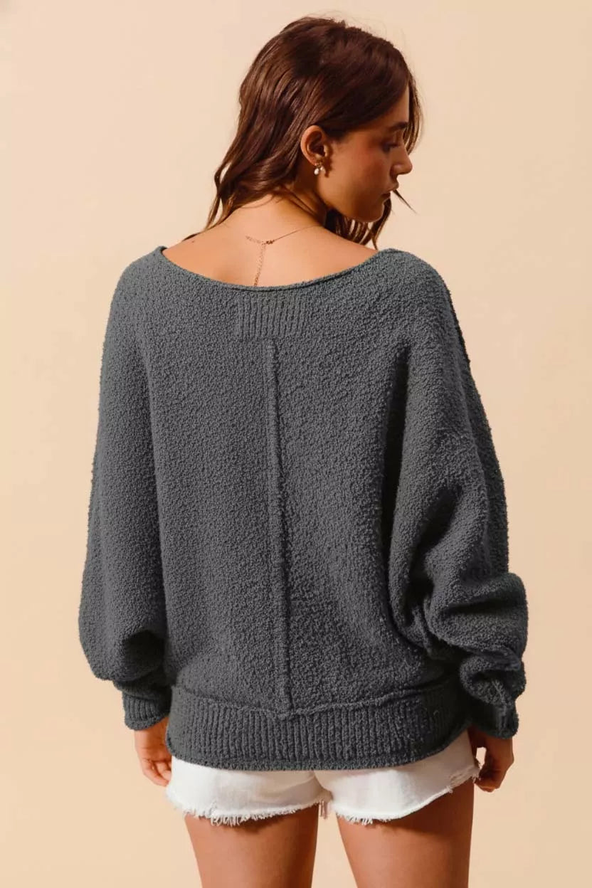 Loose Fit Exposed Seam Slouchy Boucle Sweater 🩶 at In Style Chics Boutique