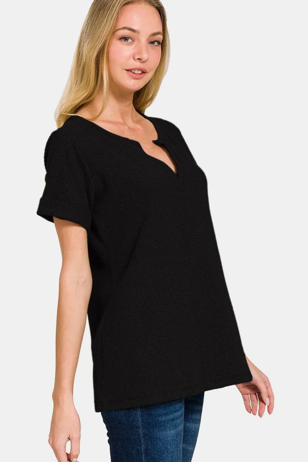 Women's Notched Short Sleeve Waffle T-Shirt - In Style Chics Boutique Online Fashion for Women
