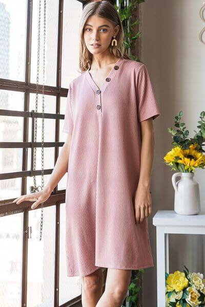 Solid Ribbed Mini Dress with Button - In Style Chics Boutique