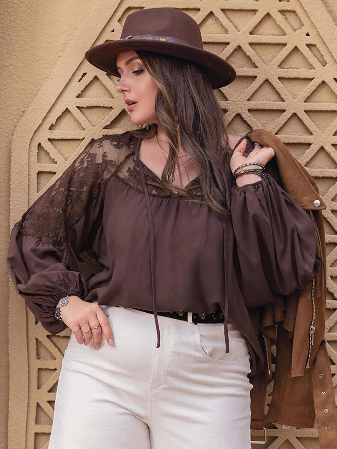 Plus Size Lace Detail Tie Neck Long Sleeve Blouse - In Style Chics Boutique LLC