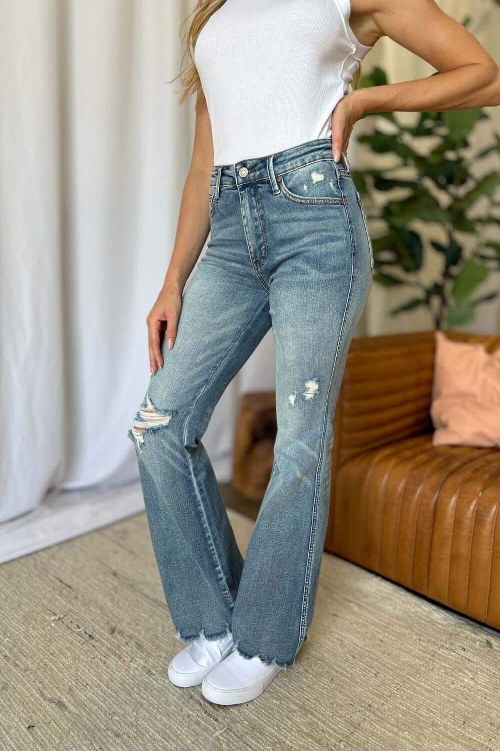 Judy Blue Full Size Medium Rise Tummy Control Destroy Flare - In Style Chics Boutique LLC