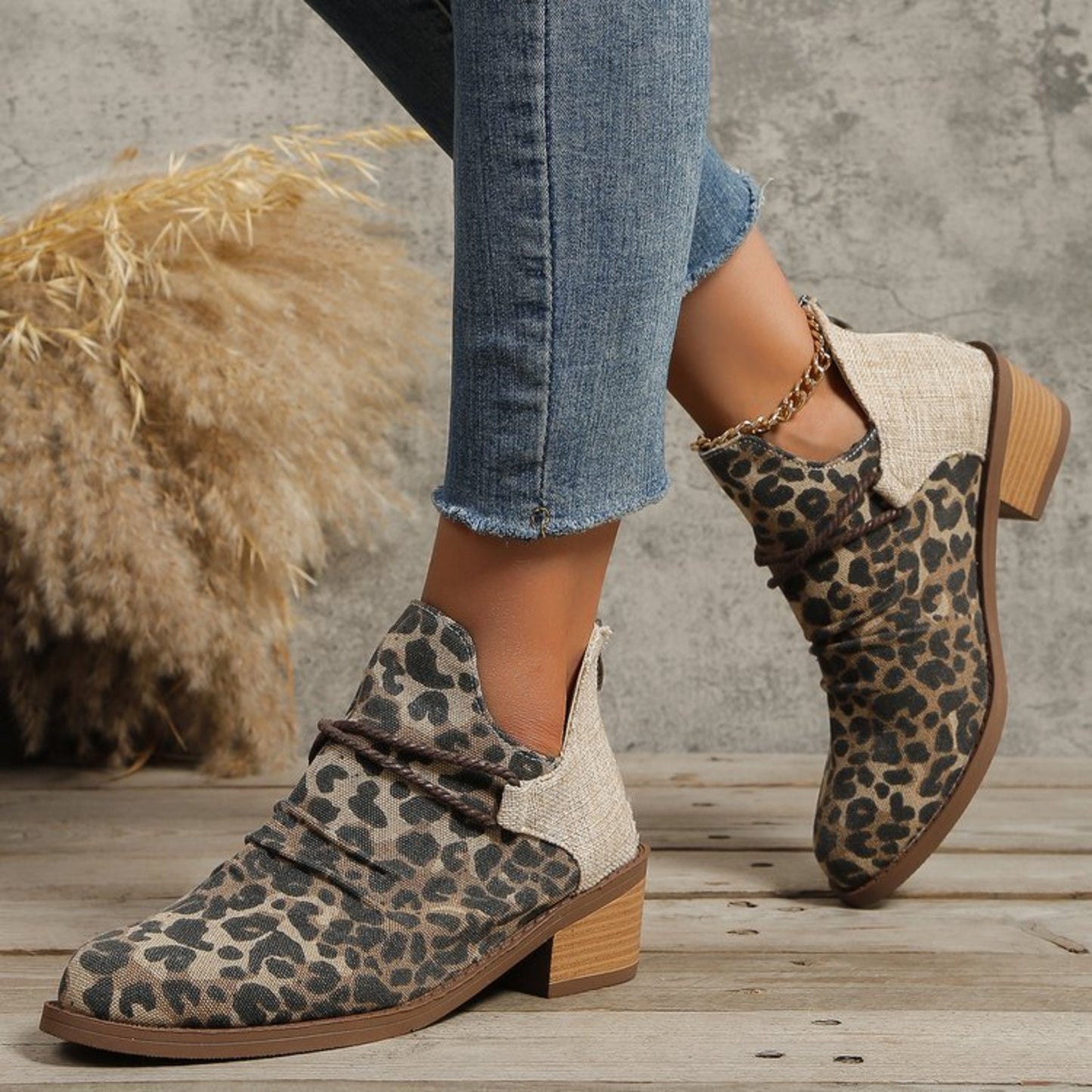 Contrast Canvas Low Heel Boots - In Style Chics Boutique LLC