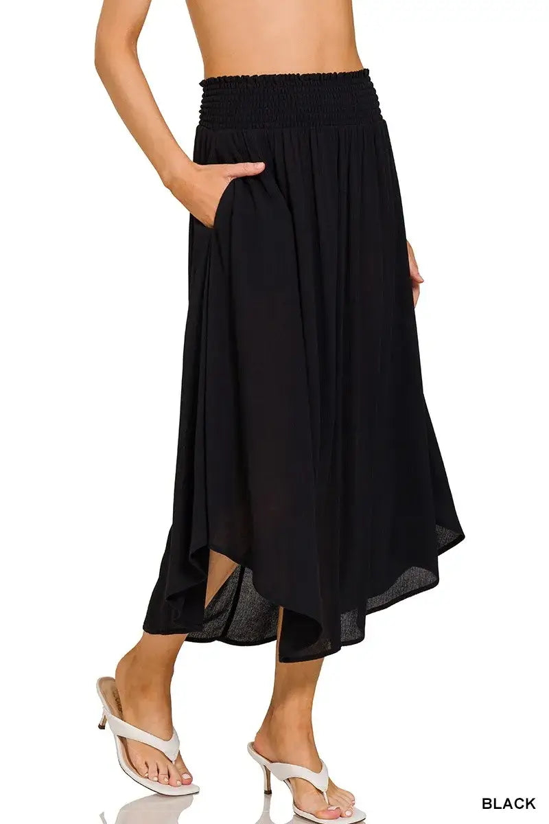 Black Maxi Skirt with Pockets, Smocked Waist-Woven Crinkle - In Style Chics Boutique Women's Juniors Fashion Style Online