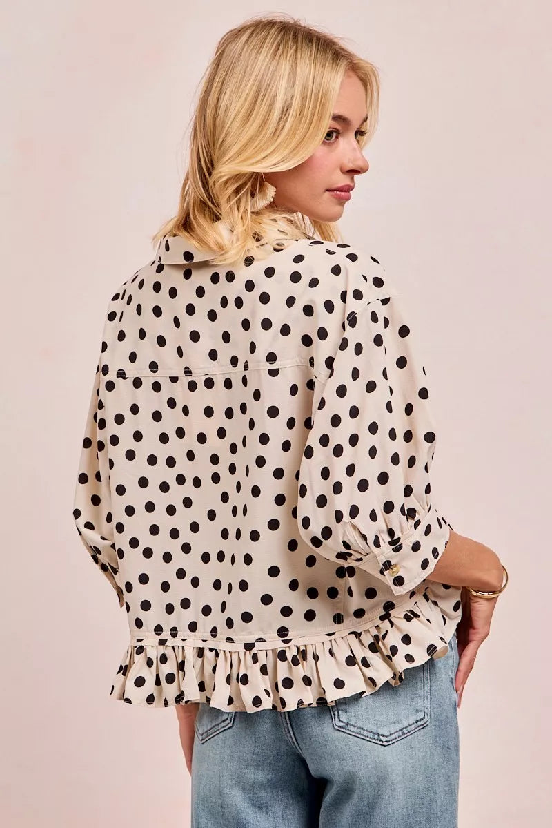 Shop Polka Dot 🤍🖤 Printed Peplum Top with Front Button at In Style Chics Boutique