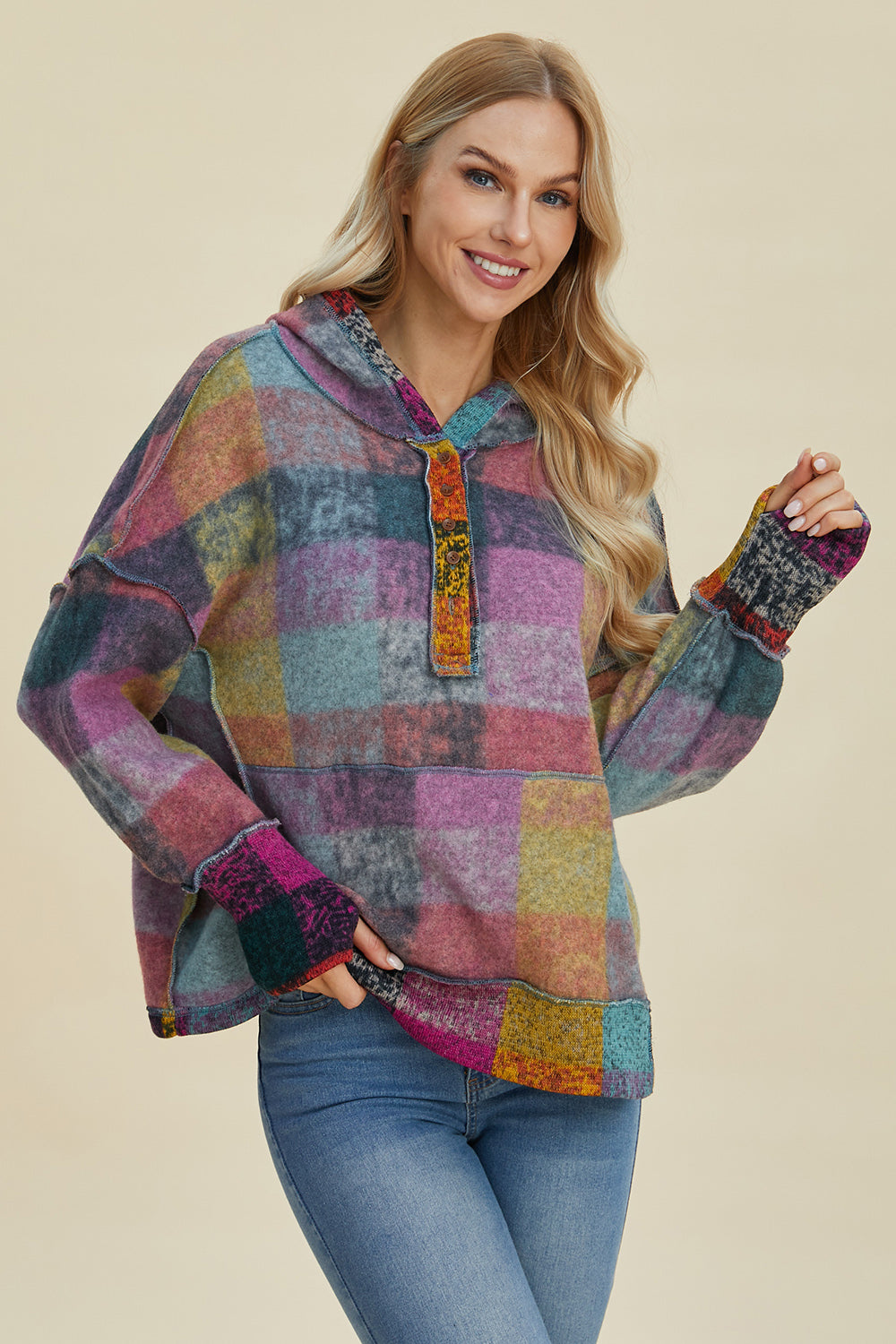 Double Take Full Size Plaid Dropped Shoulder Fleece Hoodie - In Style Chics Boutique LLC