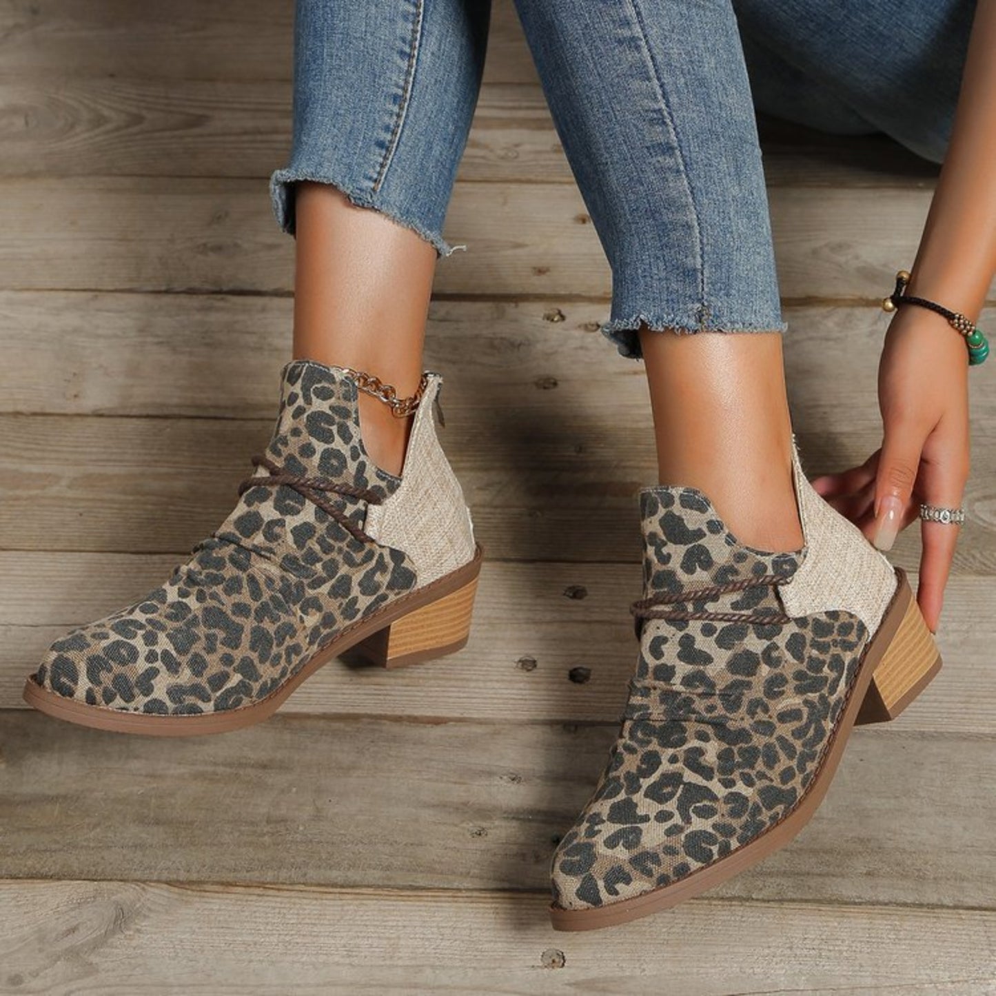 Contrast Canvas Low Heel Boots - In Style Chics Boutique LLC