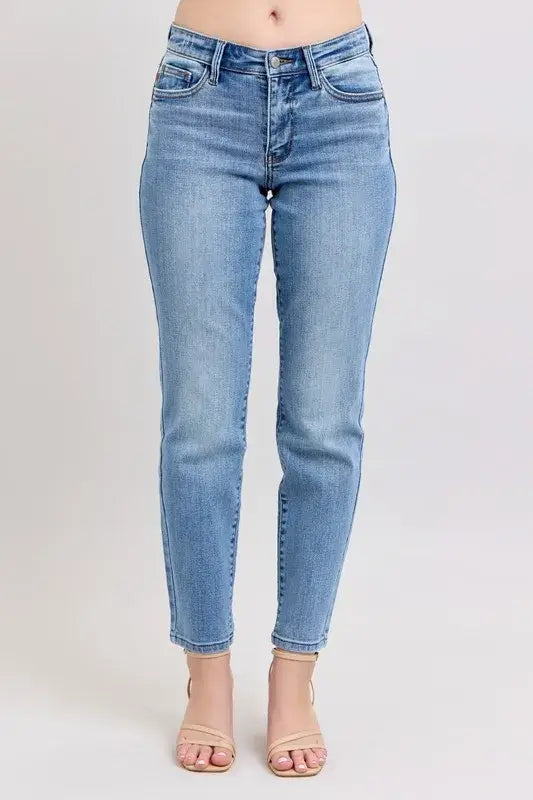 Judy Blue Mid Rise Vintage Wash Slim Jeans with Cell Phone Pocket - In Style Chics Boutique Women's Juniors Plus Size Apparel Online