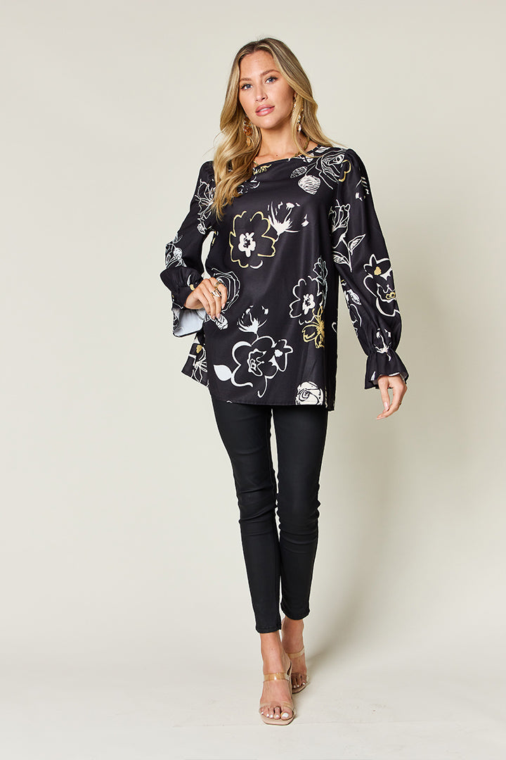 Double Take Full Size Printed Flounce Sleeve Blouse - In Style Chics Boutique LLC