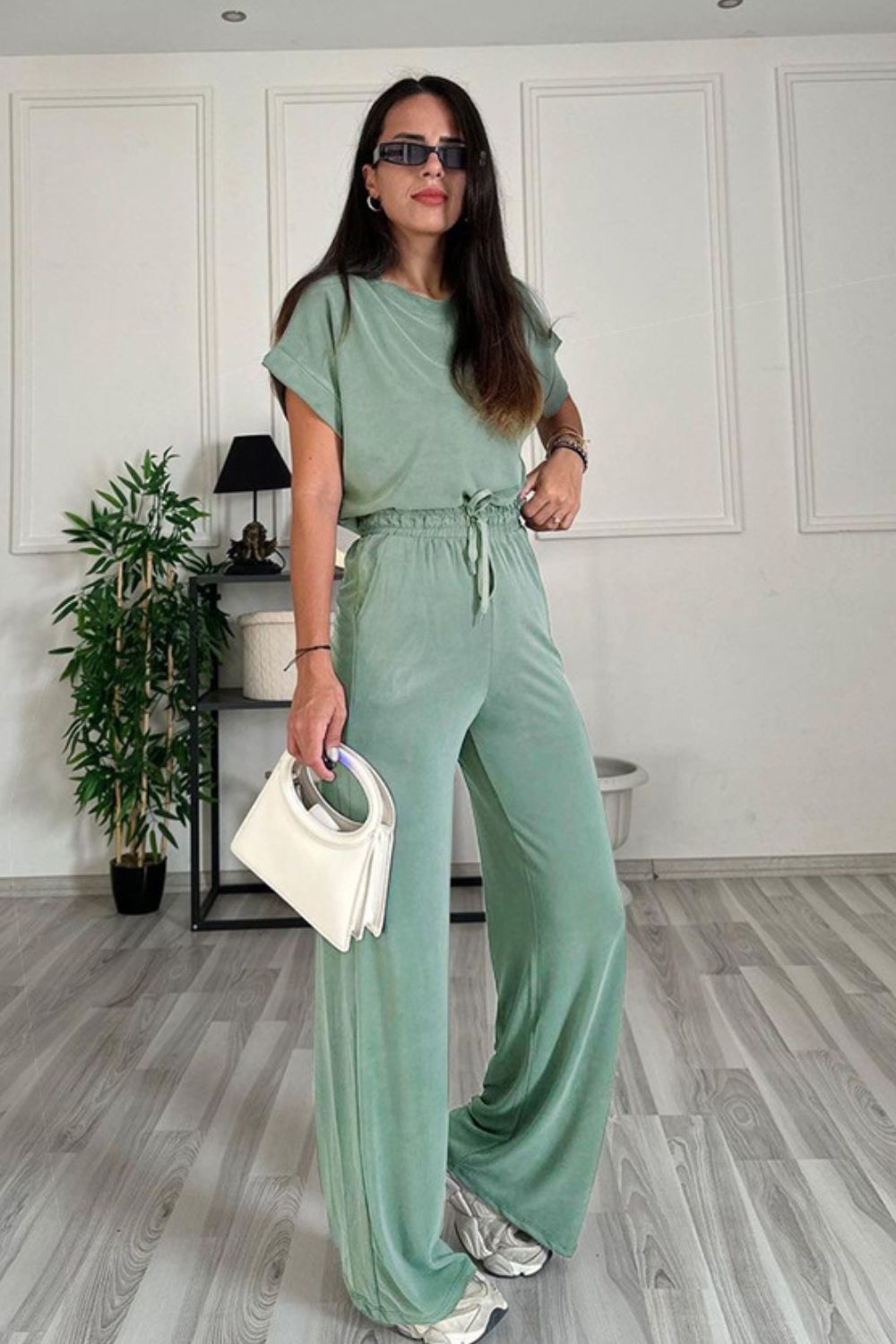 Round Neck Short Sleeve Top and Drawstring Pants Set - In Style Chics Boutique LLC