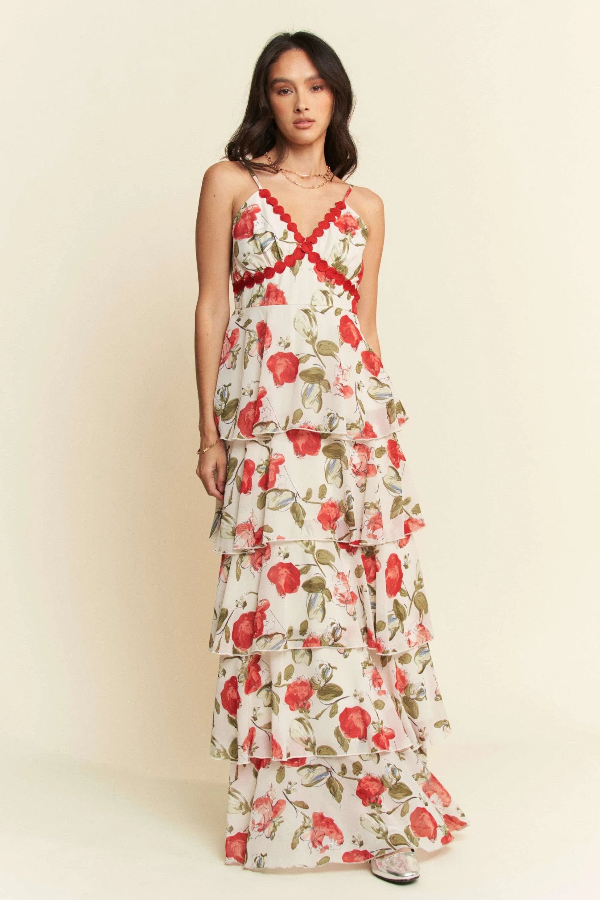 Maxi Cami Dress, Contrast Ring Lace Layered Ruffle - In Style Chics Boutique