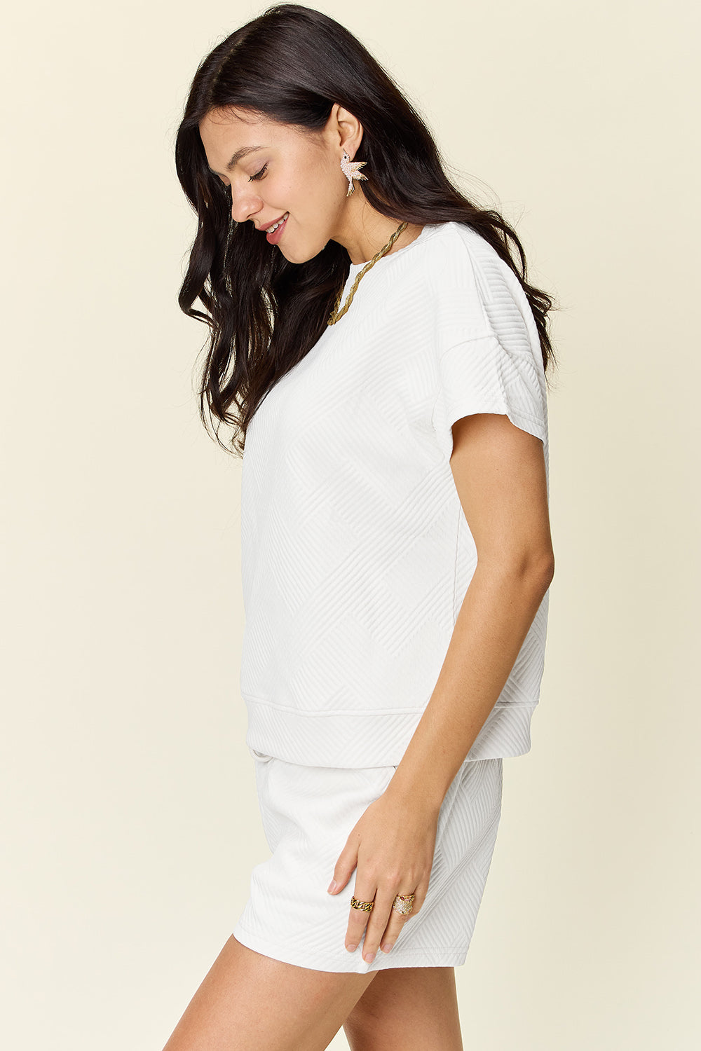Double Take Texture Short Sleeve T-Shirt and Drawstring Shorts Set - In Style Chics Boutique LLC