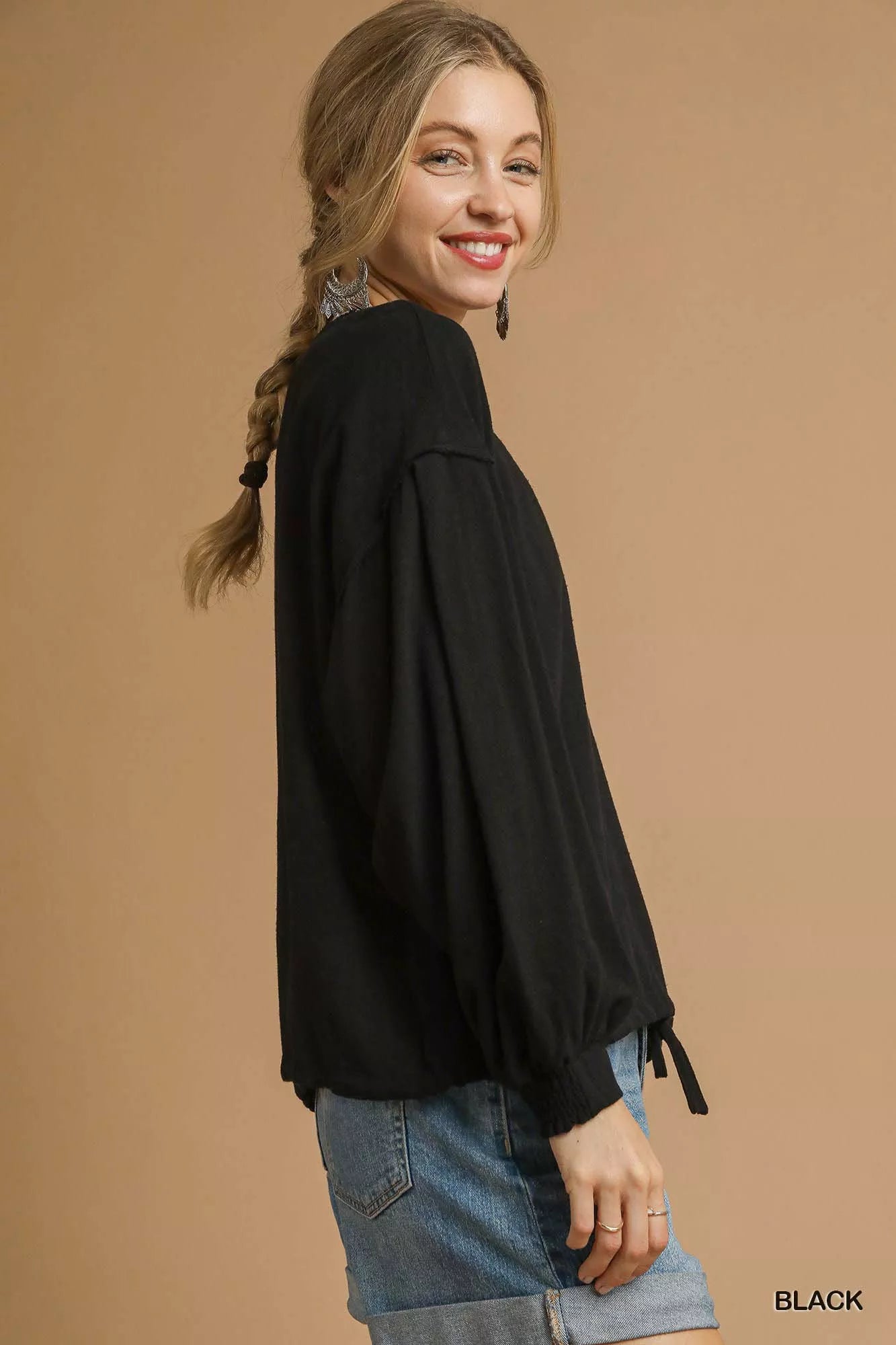 Linen Long Sleeve Top with Drawstring at In Style Chics Boutique