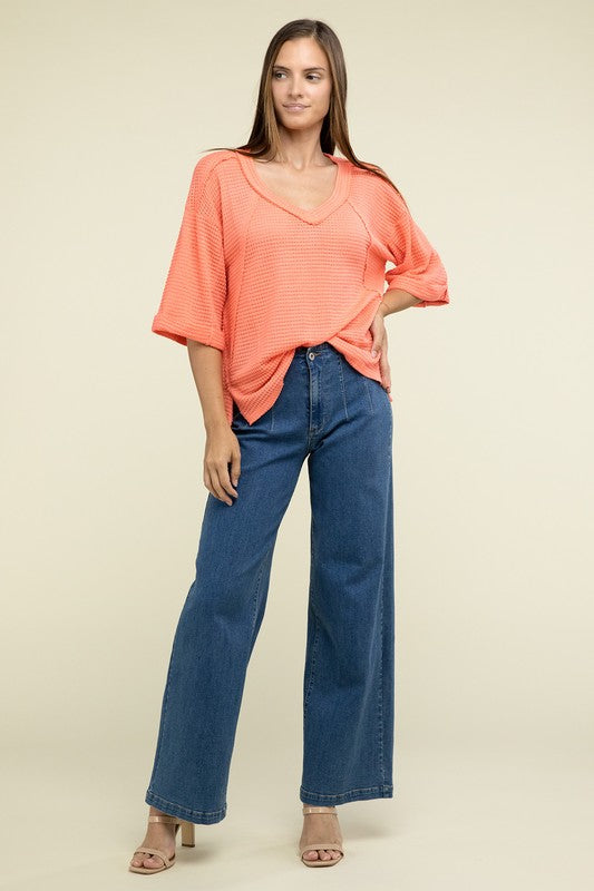 Brushed Waffle Exposed-Seam 3/4 Sleeve Top - In Style Chics Boutique LLC