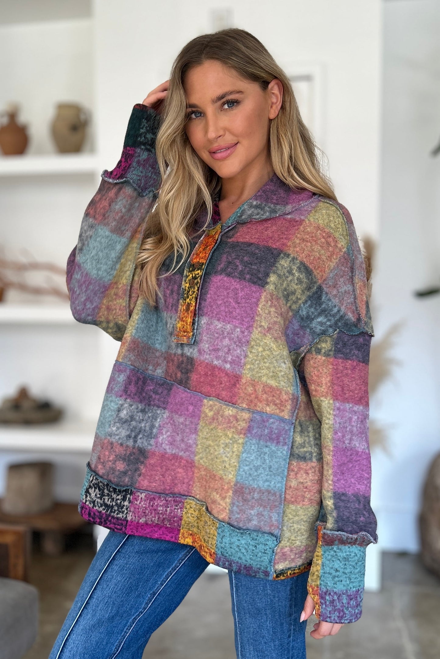 Double Take Full Size Plaid Dropped Shoulder Fleece Hoodie - In Style Chics Boutique LLC