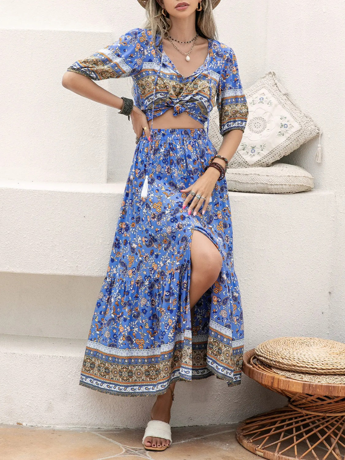 Ditsy Floral Tie Neck Top and Slit Skirt Set - In Style Chics Boutique LLC