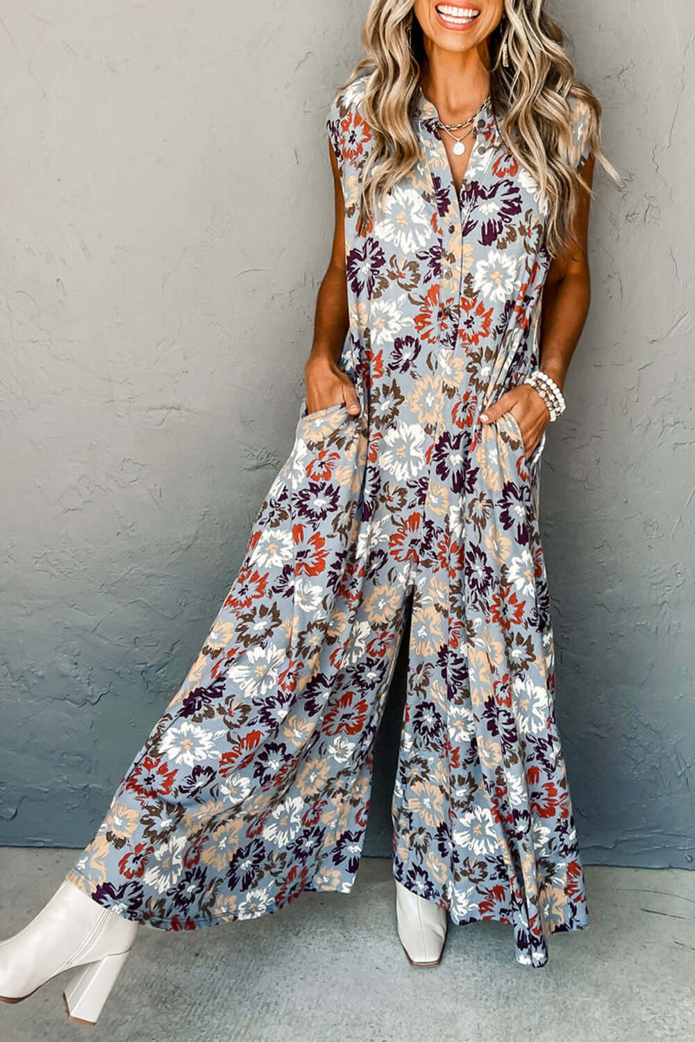 Sky Blue Floral Sleeveless Pocketed Wide Leg Jumpsuit - Cute Clothes for Spring - In Style Chics Boutique Online Women's Juniors Apparel