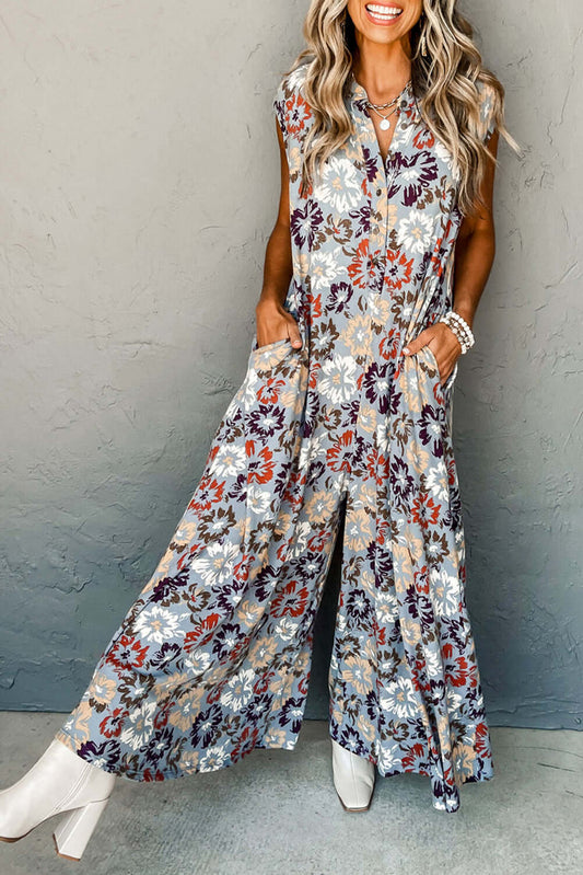 Sky Blue Floral Sleeveless Pocketed Wide Leg Jumpsuit - Cute Clothes for Spring - In Style Chics Boutique Online Women's Juniors Apparel