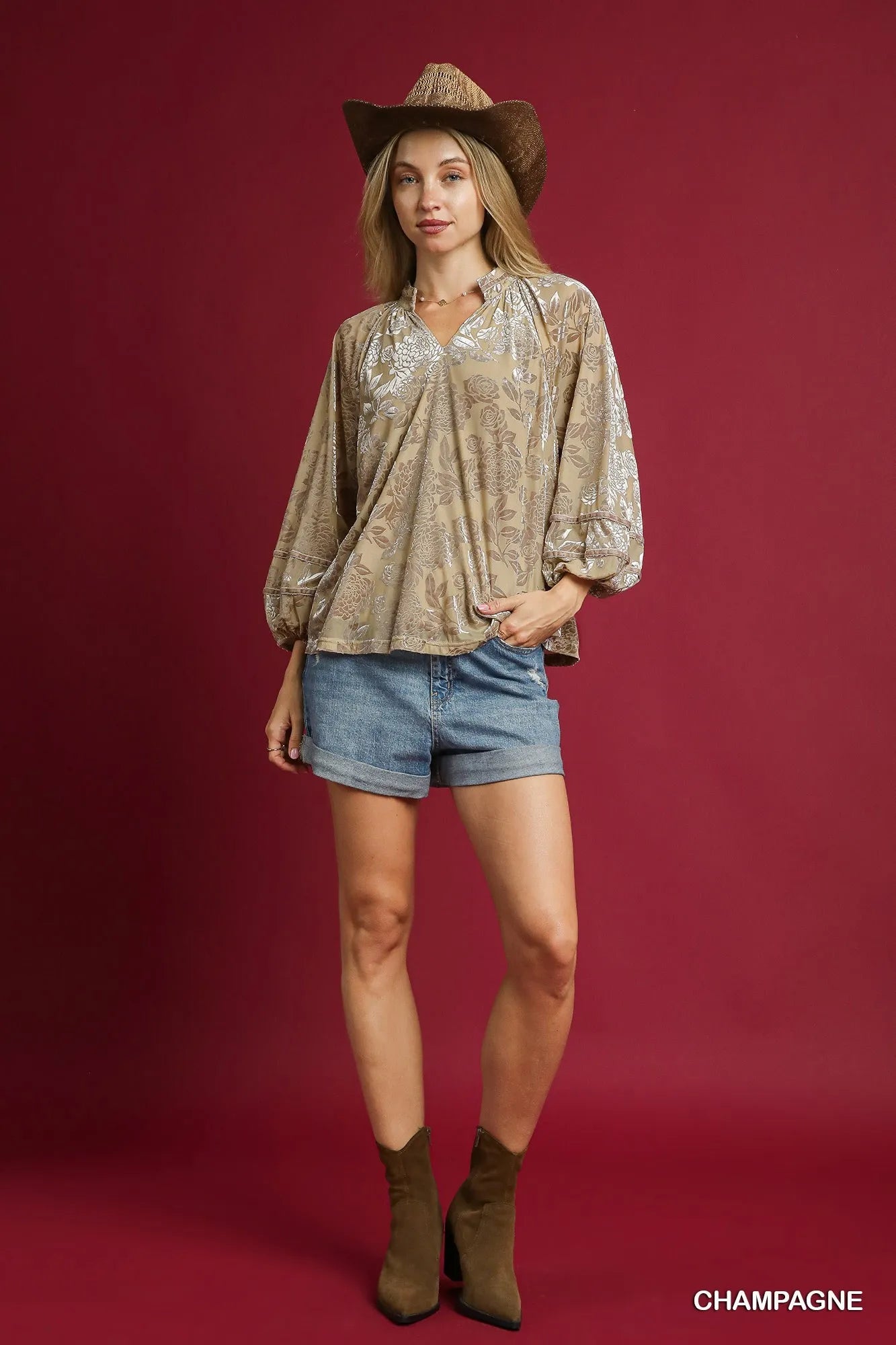 Floral Velvet Blouse with Balloon Sleeves at In Style Chics Boutique