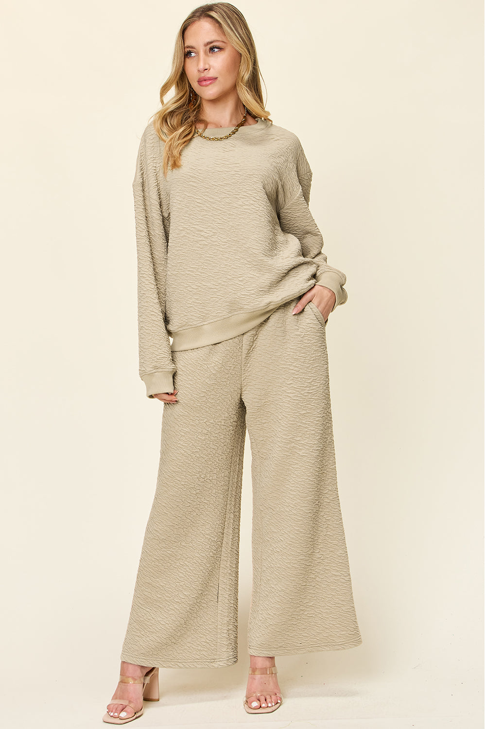 Double Take Full Size Texture Long Sleeve Top and Pants Set - In Style Chics Boutique LLC