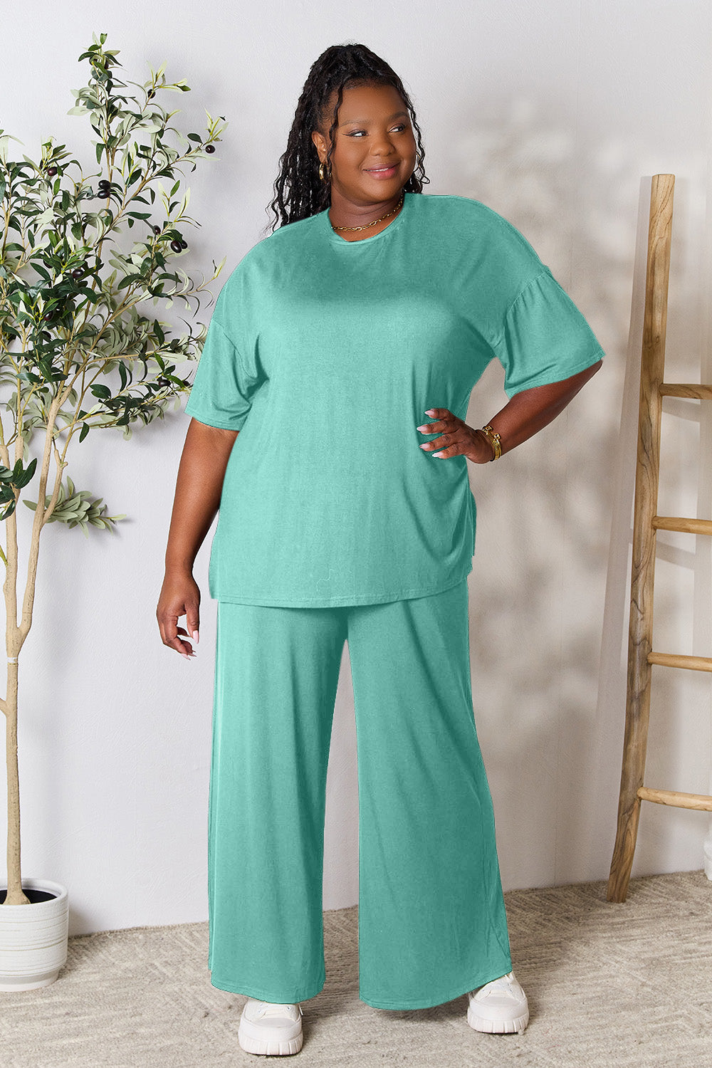 Double Take Round Neck Slit Top and Pants Set - More Colors! - In Style Chics Boutique LLC