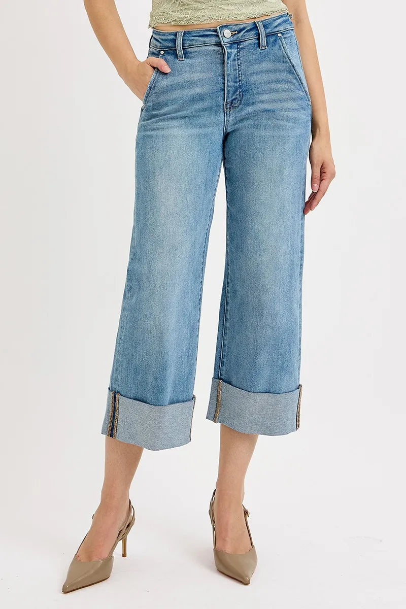 Tummy Control High Rise Ankle Wide Cuffed Jeans at In Style Chics Boutique