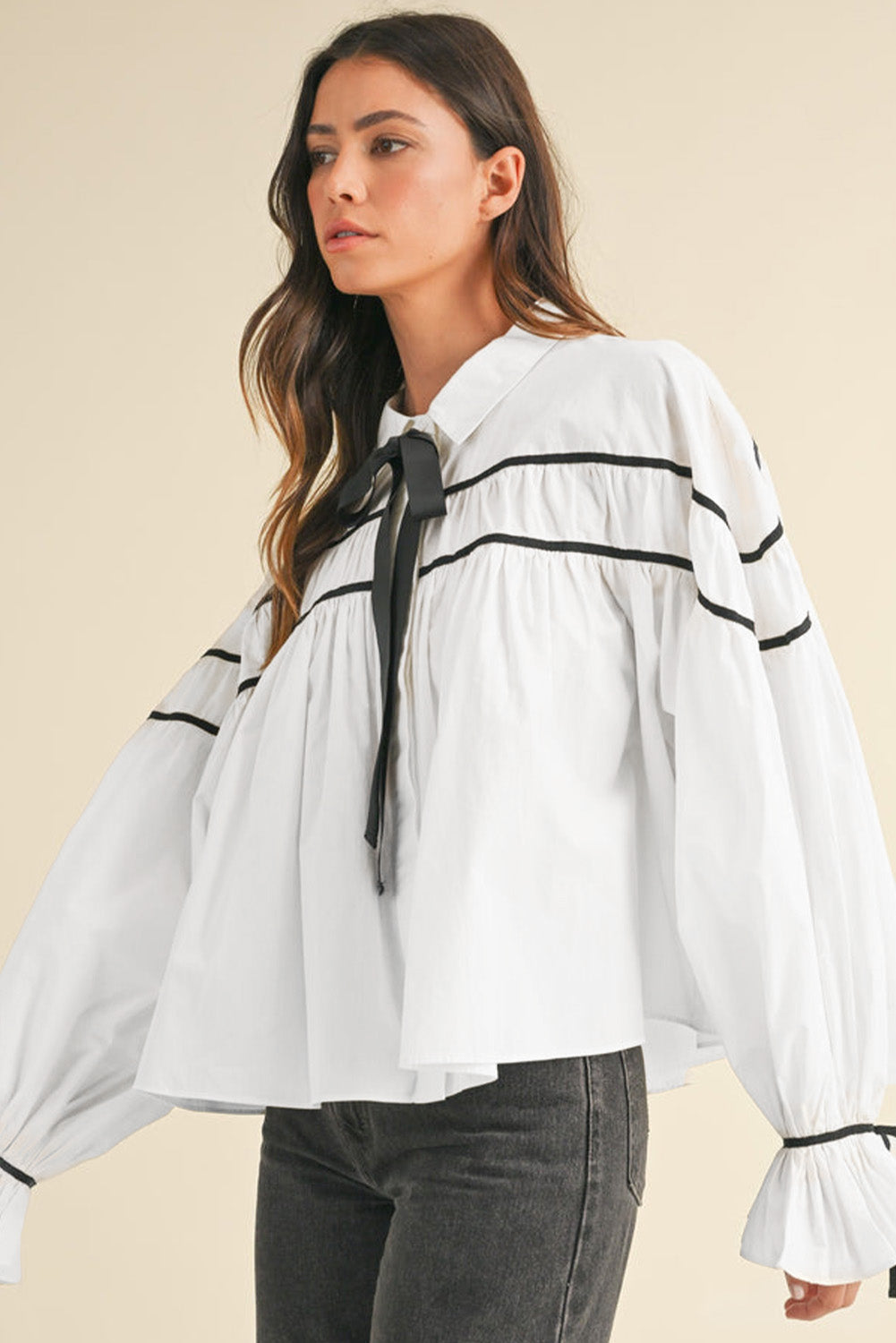 Ribbon Bowtie Collared Neck Flounce Sleeve Shirt - In Style Chics Boutique LLC