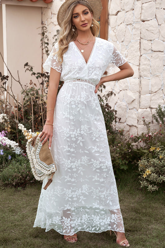 Embroidered Short Sleeve Surplice Neck White Maxi Dress - In Style Chics Boutique LLC