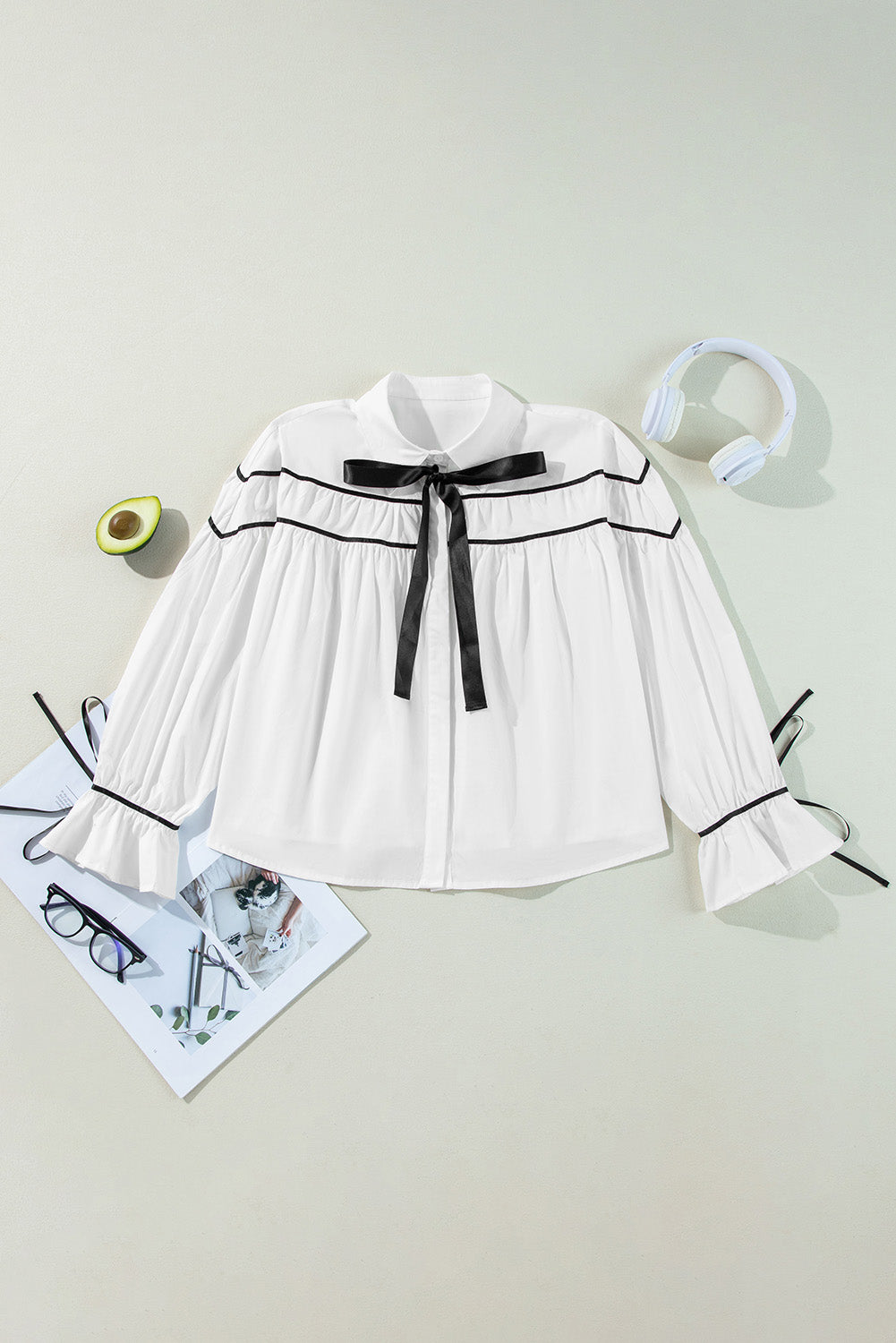 Ribbon Bowtie Collared Neck Flounce Sleeve Shirt - In Style Chics Boutique LLC