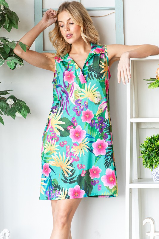 Floral Johnny Collar Sleeveless Dress - In Style Chics Boutique Online Clothing Women's Juniors Plus Size
