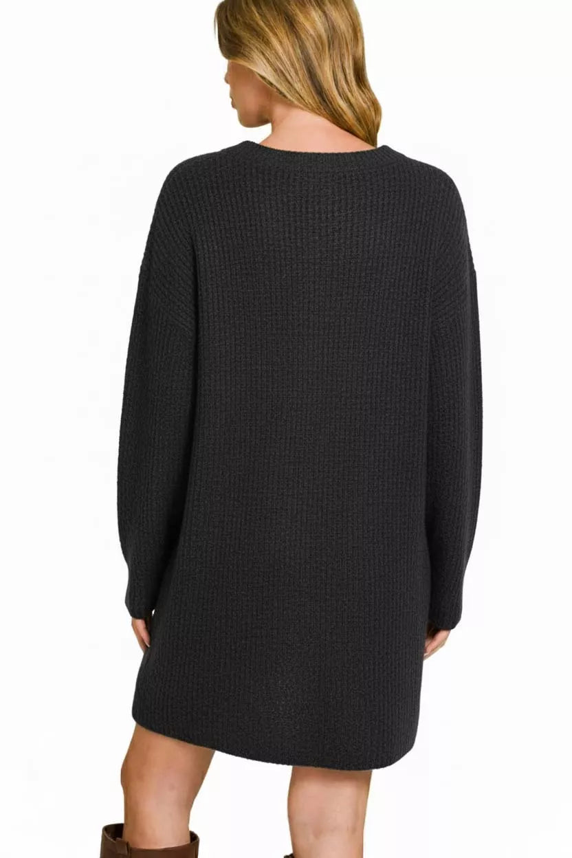 Shop Black 🖤 Sweater Dress, V-Neck Long Sleeve Ribbed at In Style Chics Boutique
