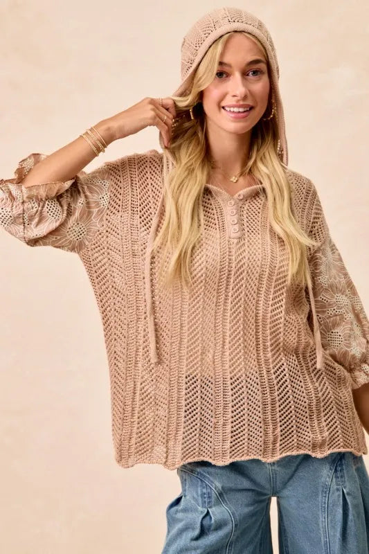 Jacquard Flower Puff Sleeve Hooded Knit Top at In Style Chics Boutique